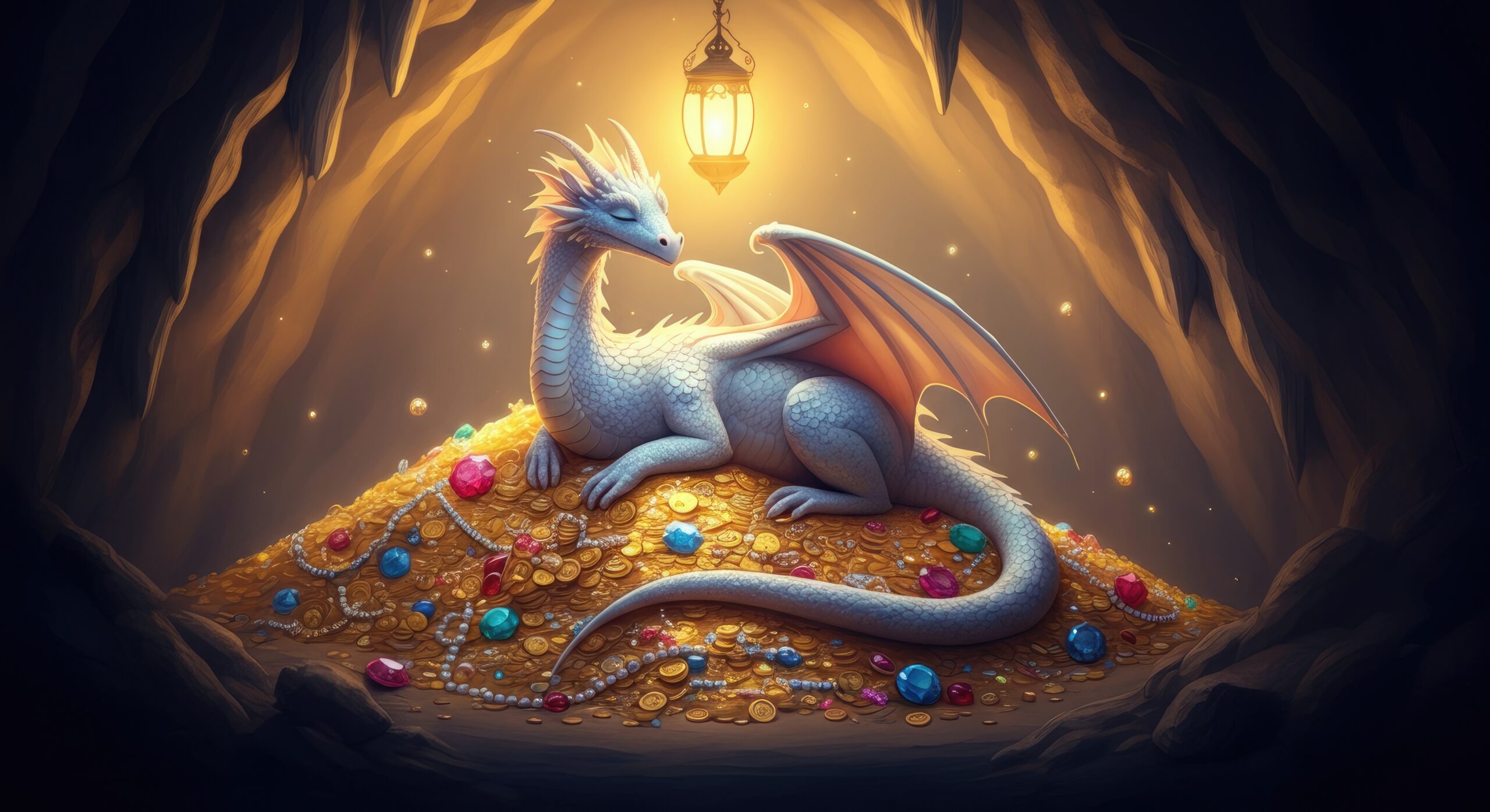 White dragon guards treasure hoard in cave illuminated by lantern Samskara Karma Clearing