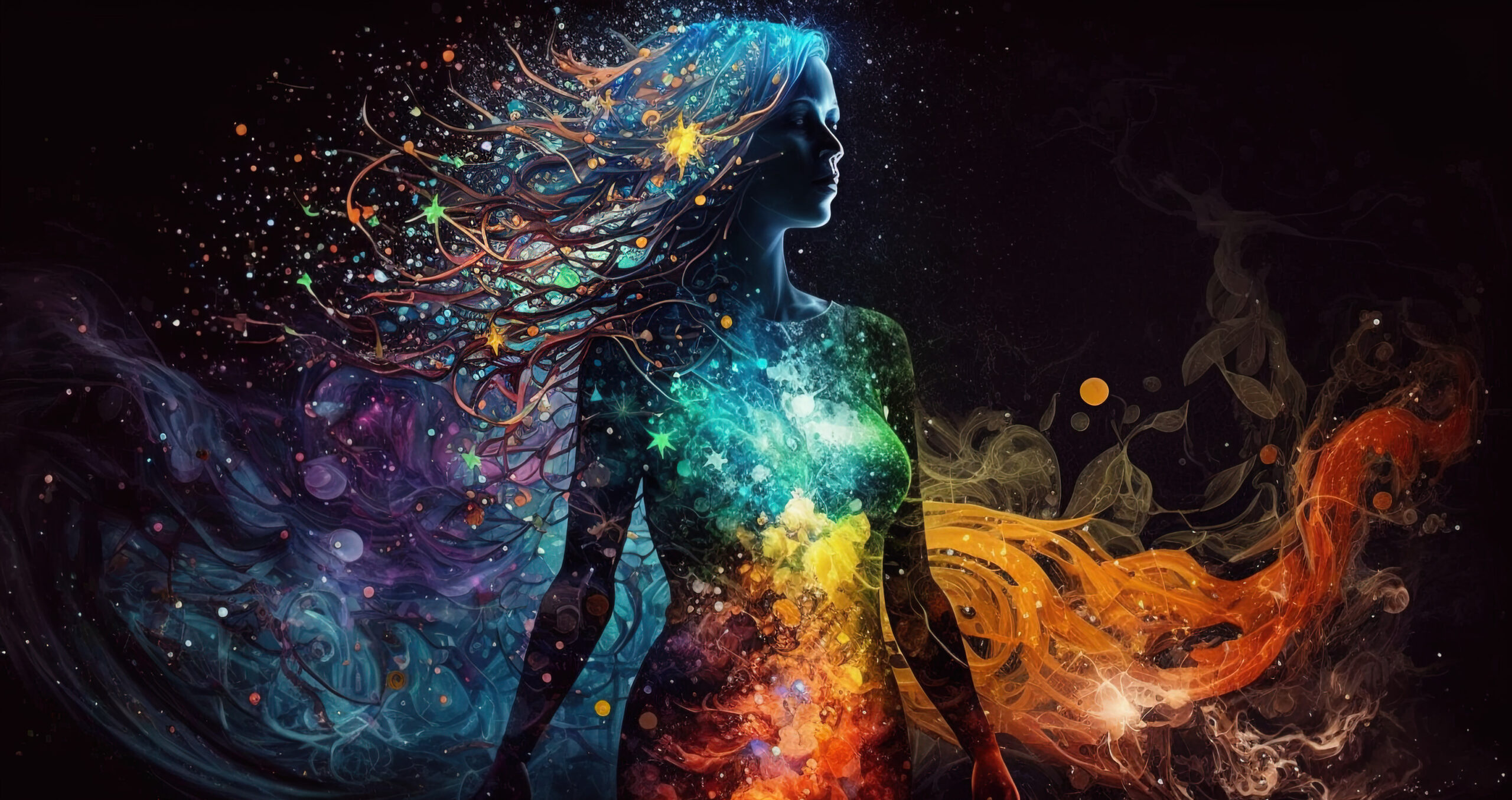 Astral journey, female body filled with energy and light, astral projection, out-of-body experience, other dimensions, other planes of existence. Generative Ai Samskara Karma Clearing